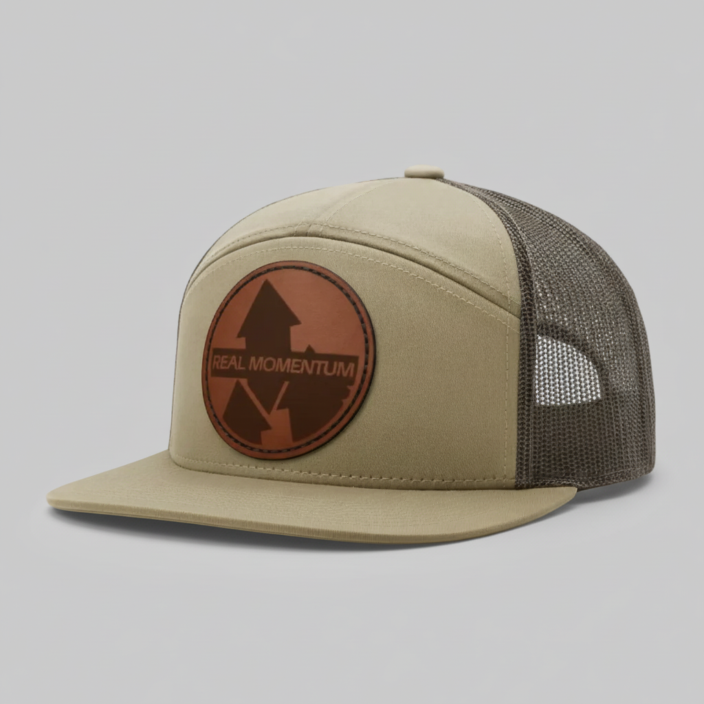 Beige and brown cap with a logo on a gray background
