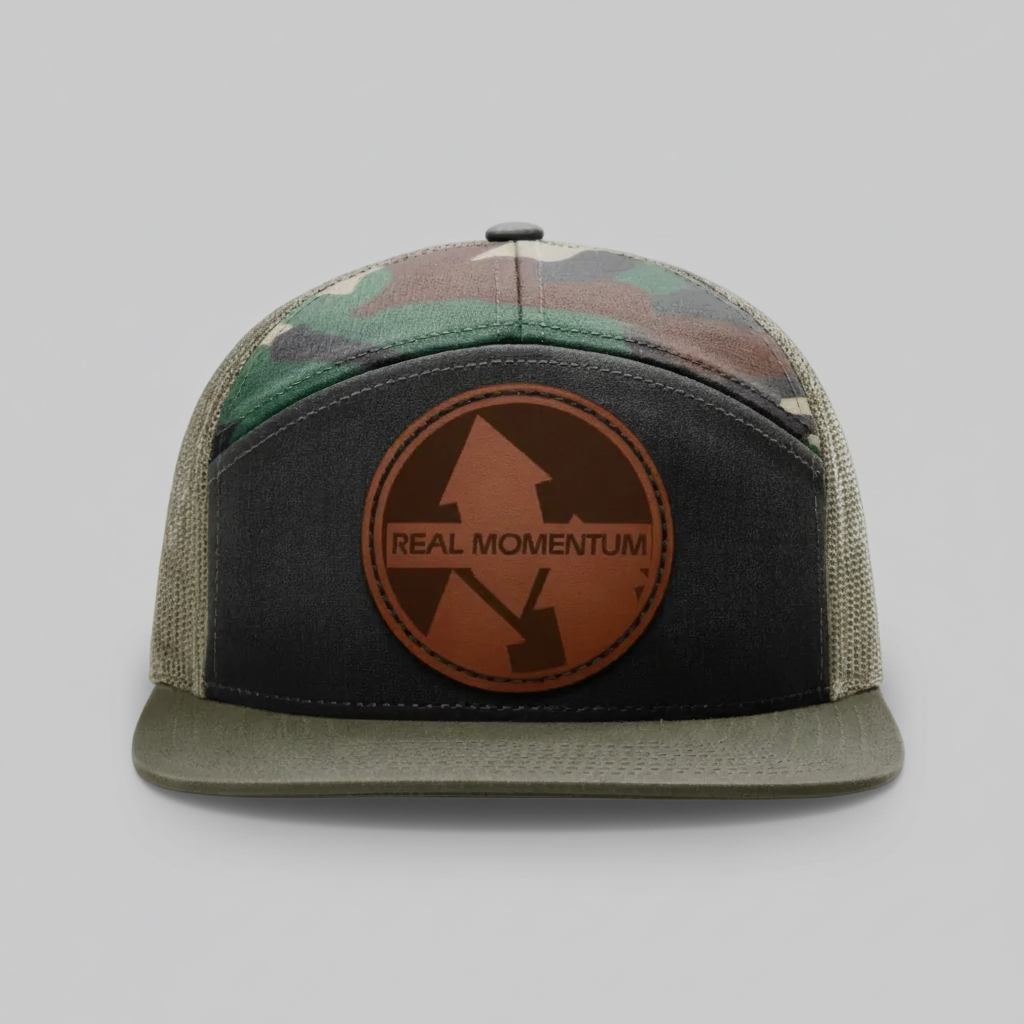 Camouflage trucker hat with brown leather patch on a white background