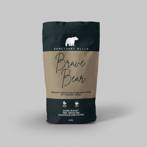 Coffee bag labeled 'Brave Bear' from Sanctuary Hills on a gray background