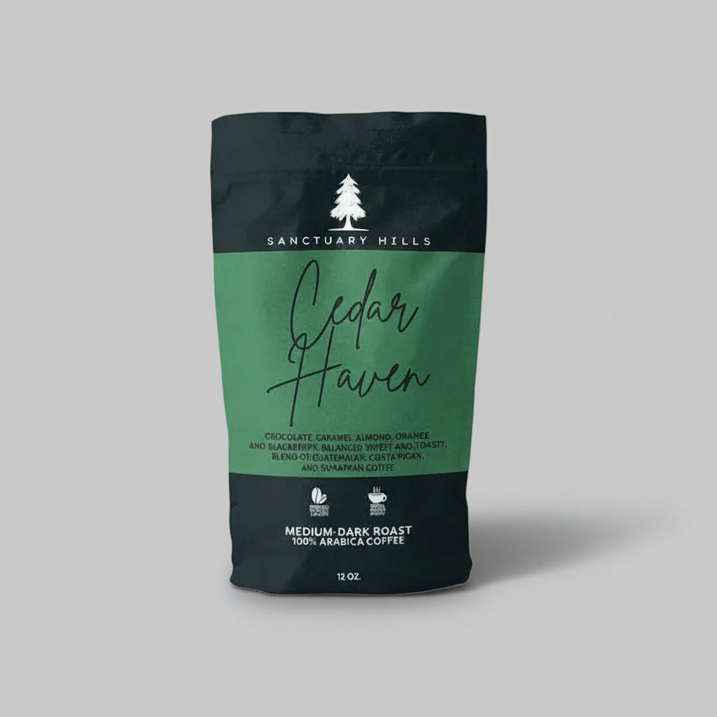 Coffee bag labeled 'Cedar Haven' from Sanctuary Hills on a light gray background