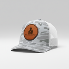 Camouflage-patterned cap with a brown leather patch featuring 'Real Momentum' logo on a white background
