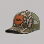 Camouflage baseball cap with a brown leather patch on a white background