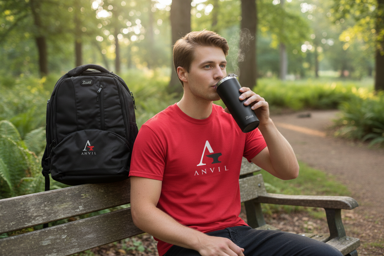 Outdoor lifestyle with red t-shirt and travel mug