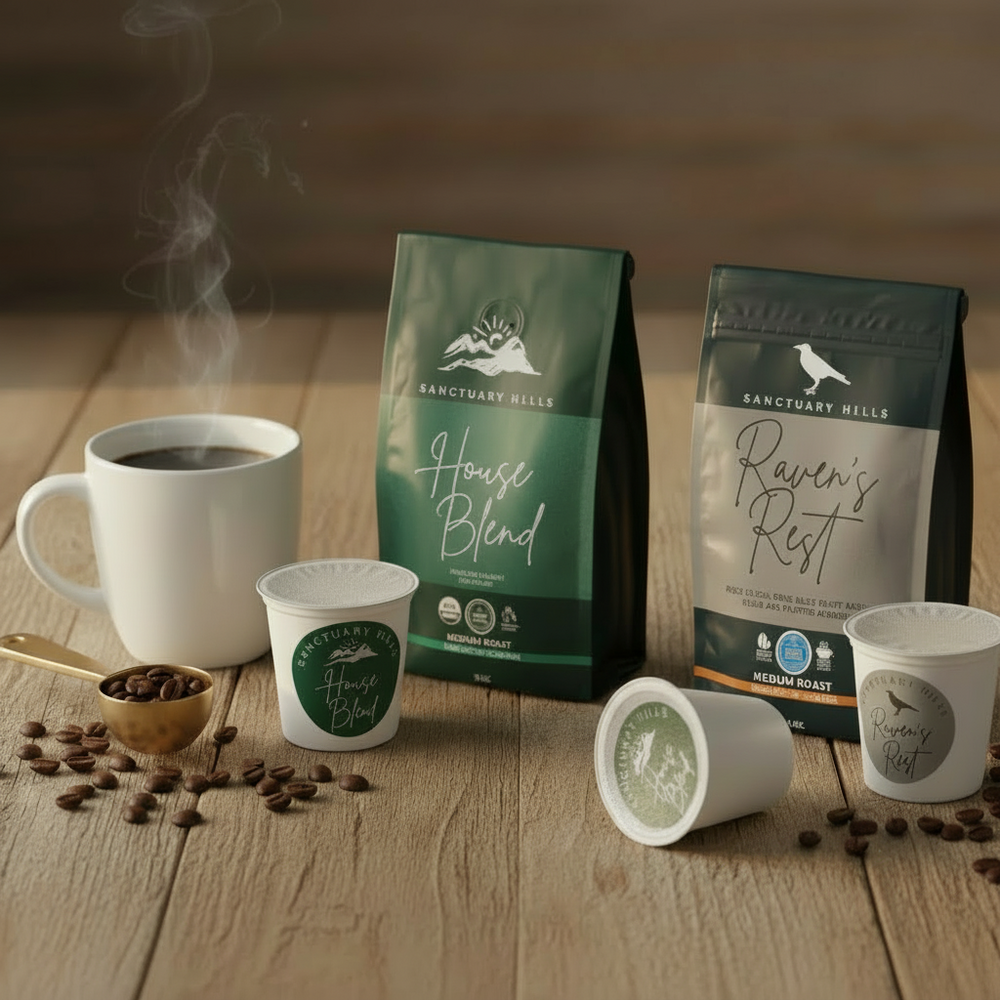 Sanctuary Hills coffee bags and k-cups flat lay