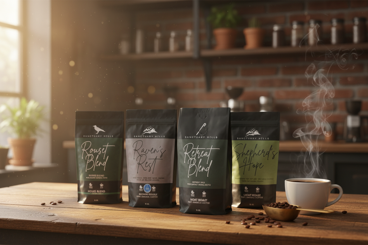 Sanctuary Hills coffee bags on rustic table